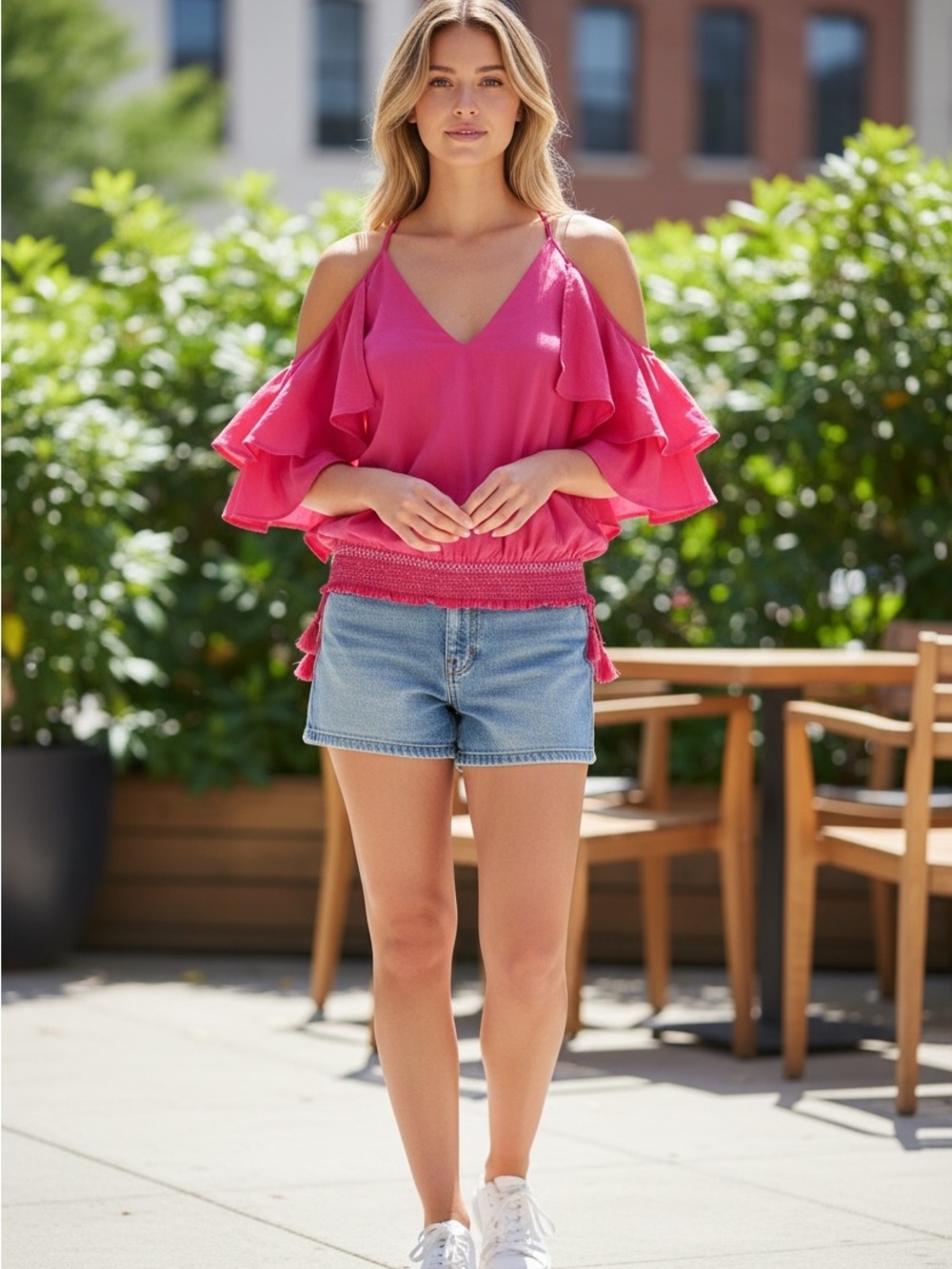 Trina Turk Hot Pink Flutter V-Neck Blouse with Back Tie